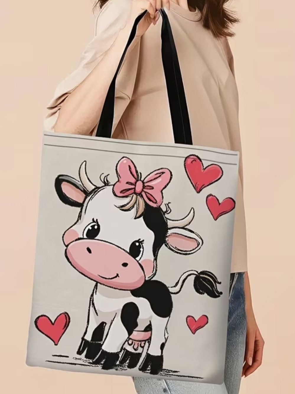 Cute Cow Print Tote Bag in Pink and Black